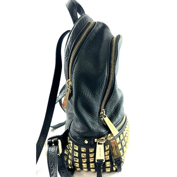 Michael Kors Rhea Zip Studded Black Pebbled Leather Backpack Gold Hardware - Picture 6 of 10